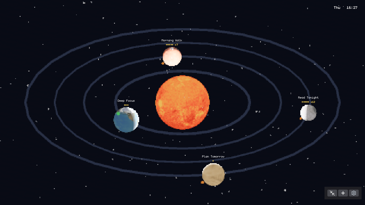 Orbits showing timers orbiting a glowing sun